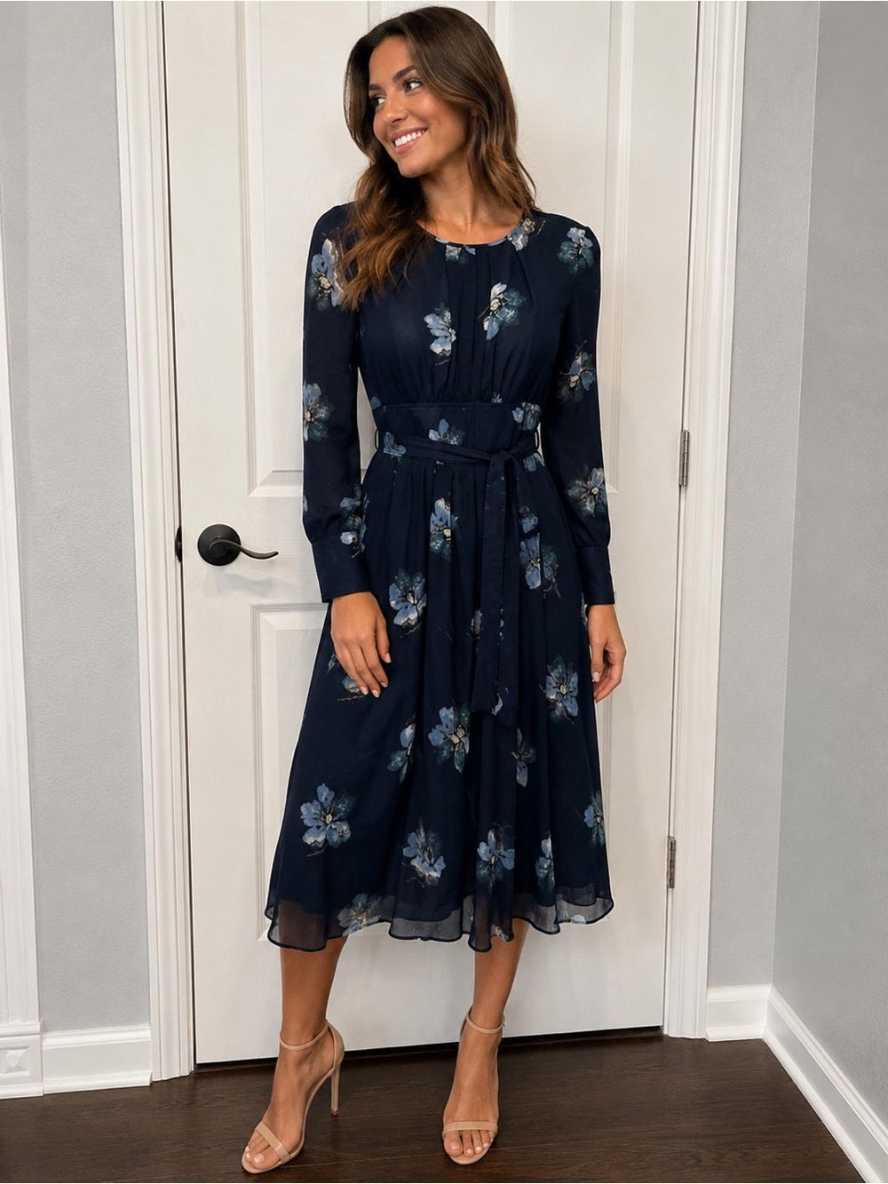 Club Monaco Navy Floral Long-Sleeve Midi Dress